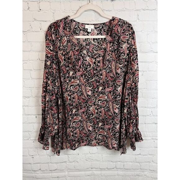 J.JILL black pink paisley rayon bishop sleeve frill swing blouse top L NWOT - Picture 1 of 9
